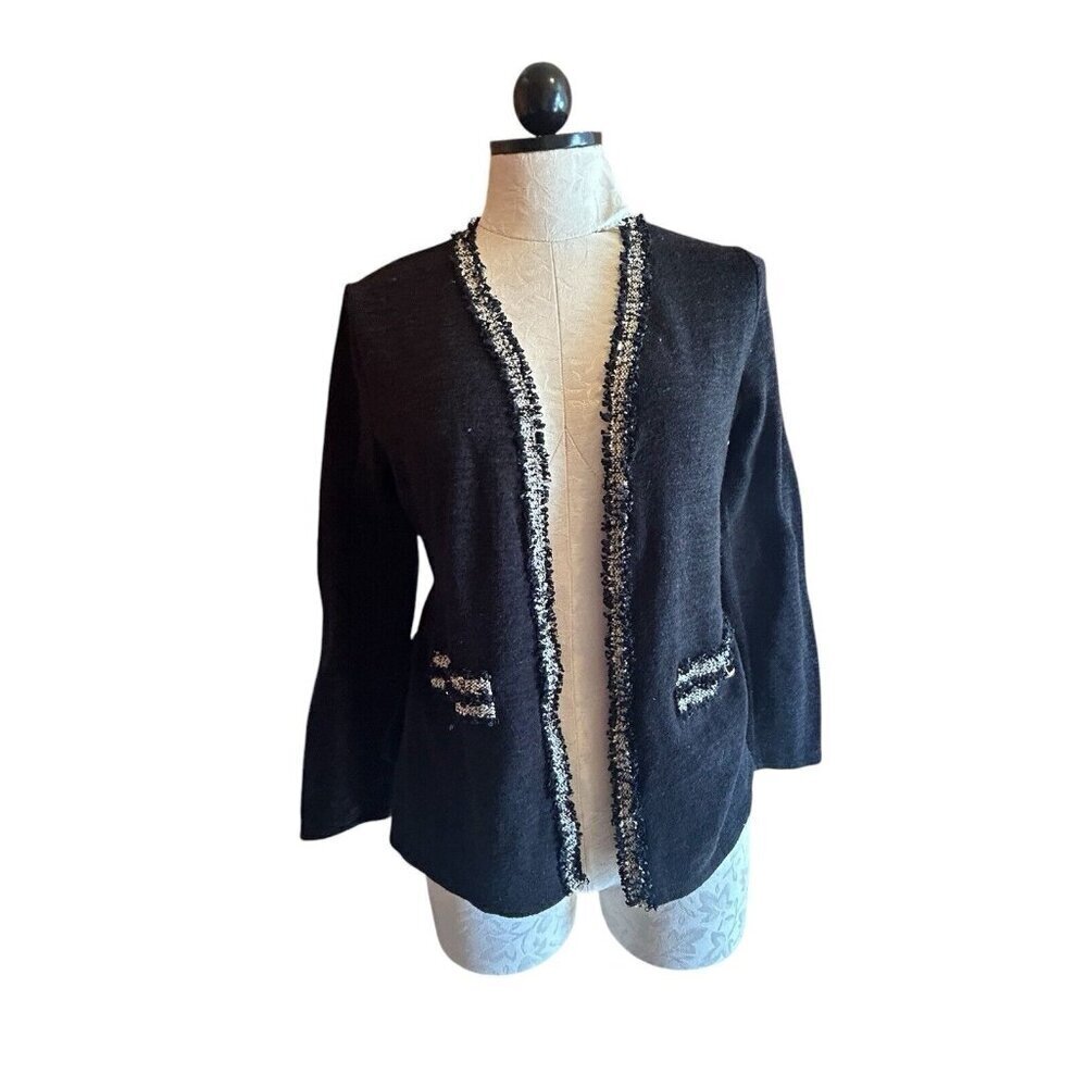 Naif Petite PM Tie Cardigan Sweater Knit Blak Detailed Trim‎ Corporate Witchy